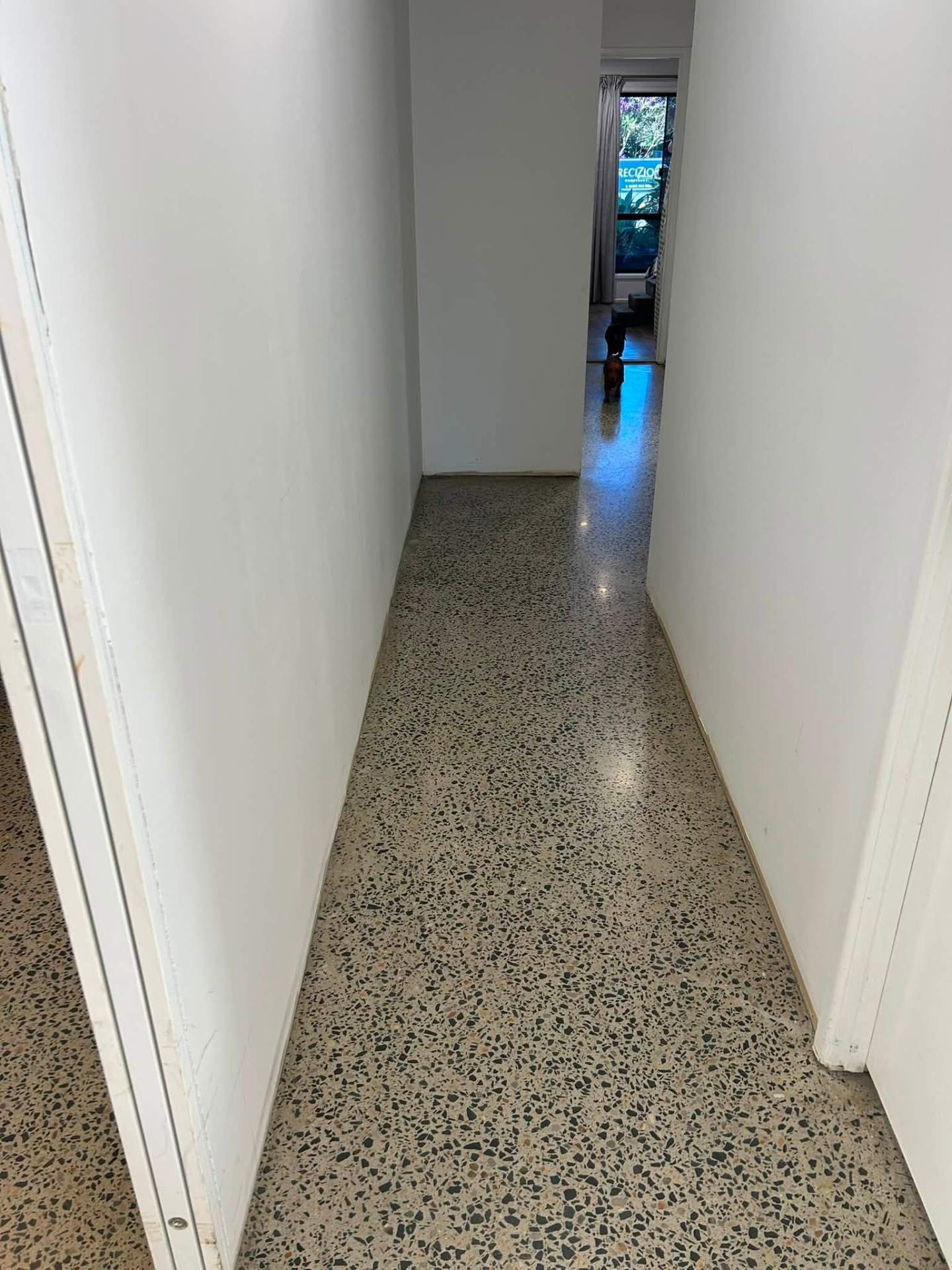 Terrazzo-look polished concrete hallway on the Sunshine Coast